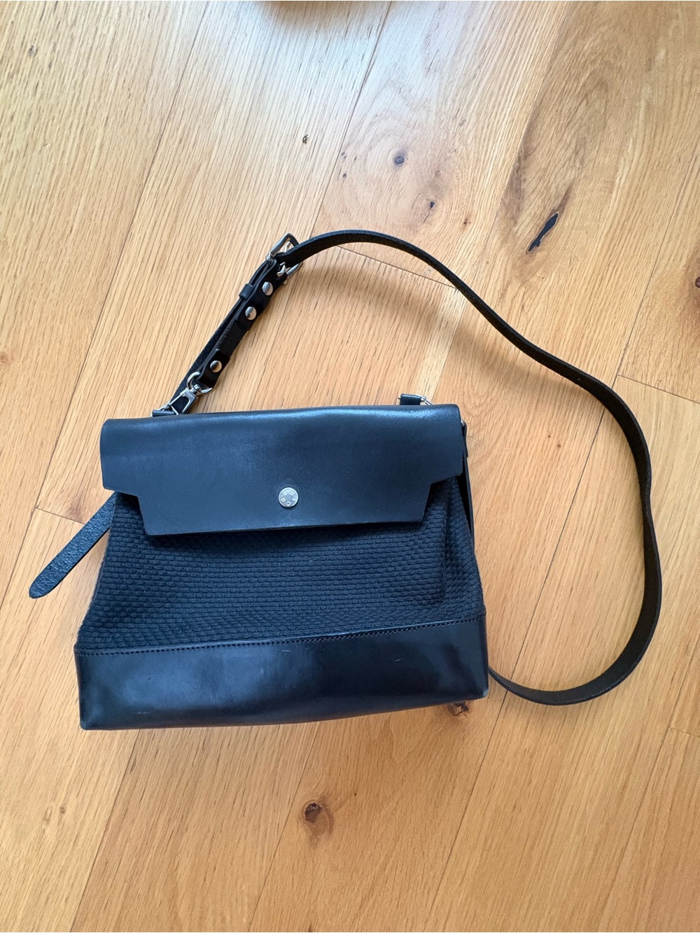 Cabas Japanese small Black Leather & Woven Crossbody Bag